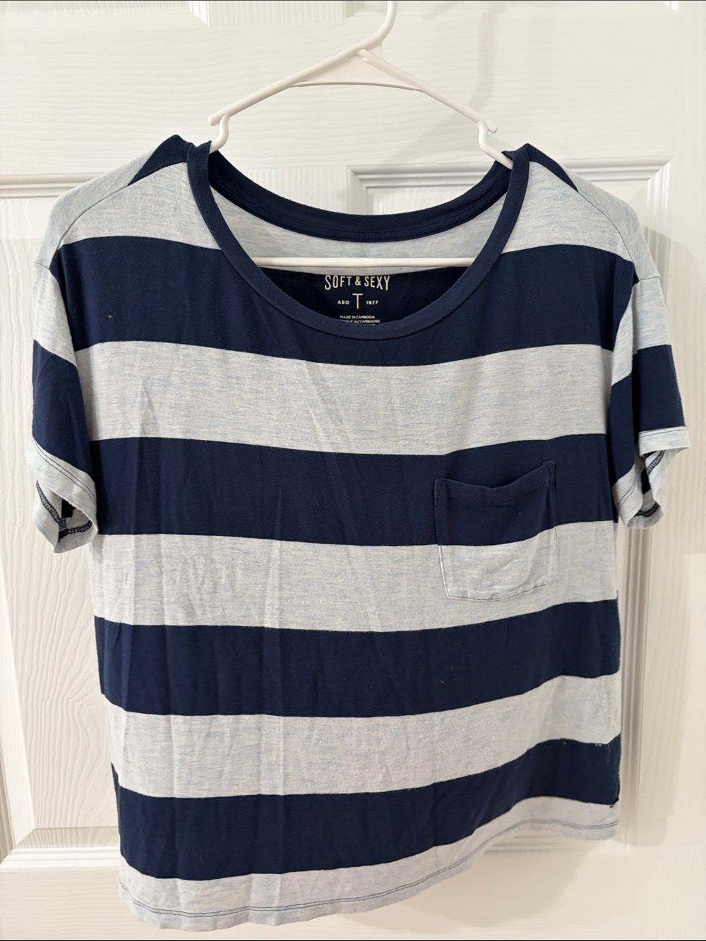 American Eagle Outfitters Navy and Light Gray Striped Short Sleeve Tee